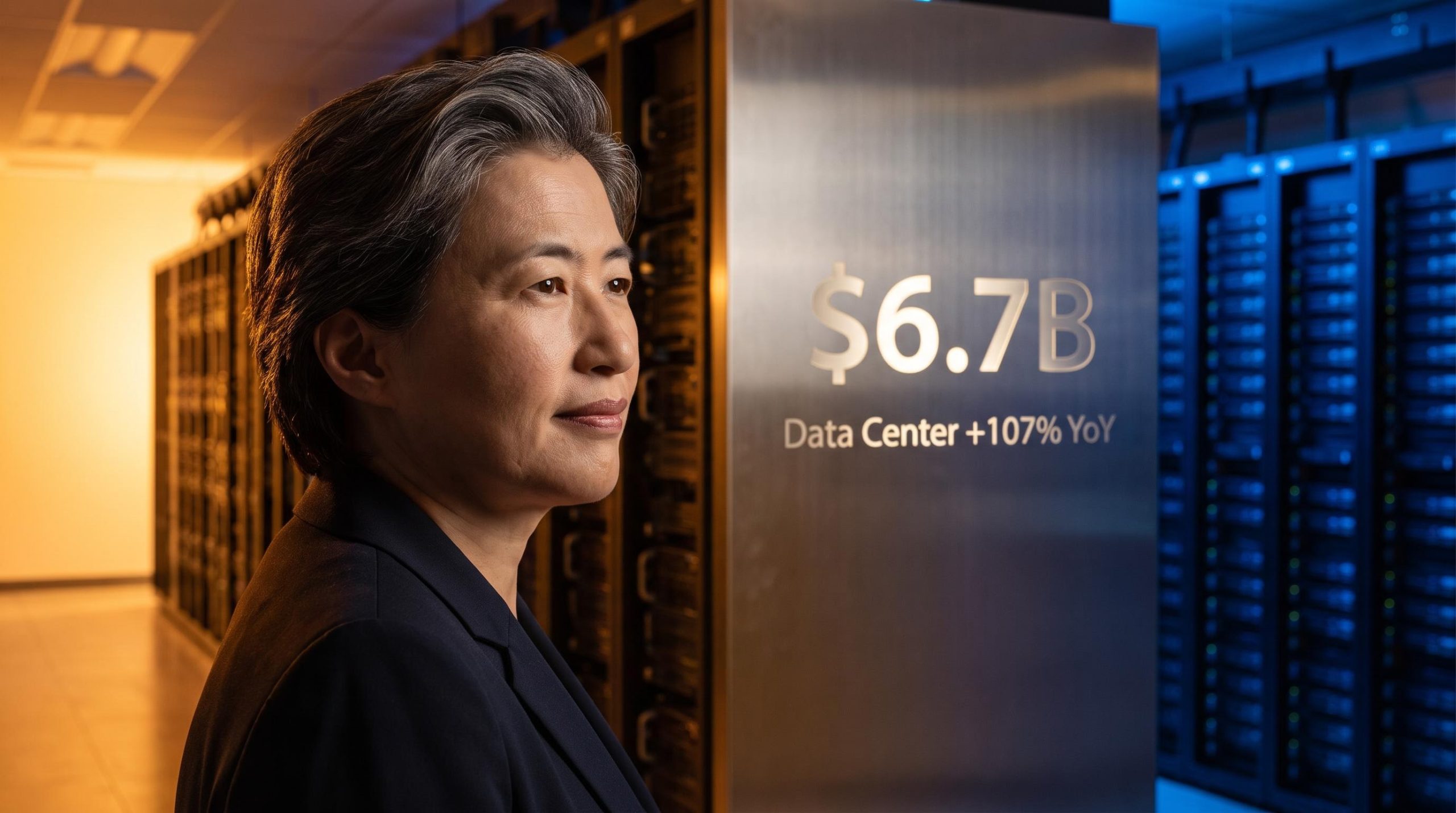 AMD CEO Lisa Su in data center corridor with $6.7B revenue figure — AMD long term investment analysis