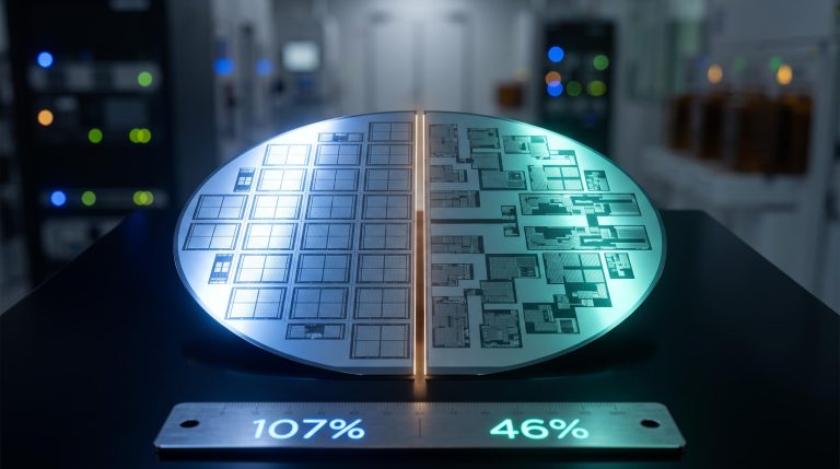 Split semiconductor wafer representing AMD vs Marvell AI infrastructure stock divergence with 107% and 46% data centre growth