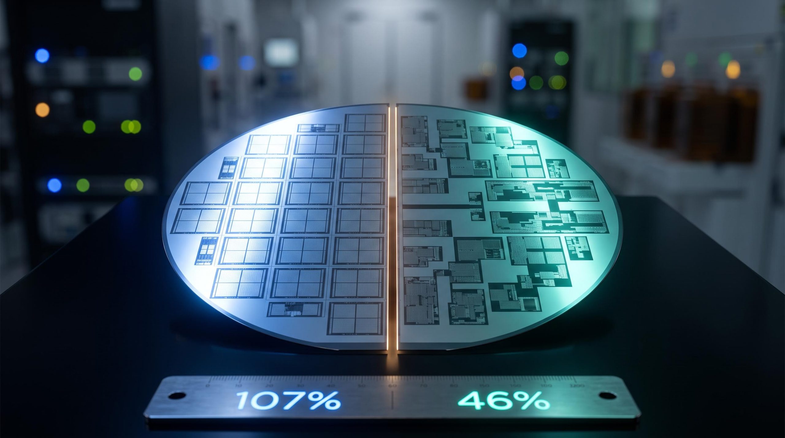 Split semiconductor wafer representing AMD vs Marvell AI infrastructure stock divergence with 107% and 46% data centre growth