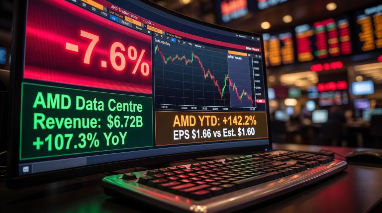 AMD trading terminal showing $6.72B data centre growth and -7.6% after-hours drop, illustrating earnings paradox