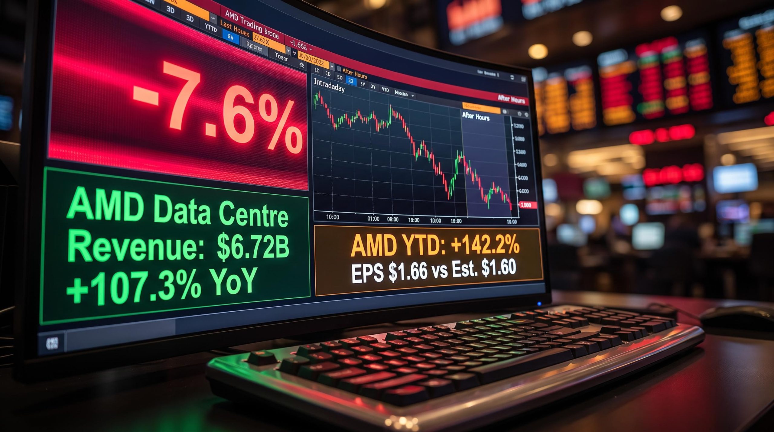 AMD trading terminal showing $6.72B data centre growth and -7.6% after-hours drop, illustrating earnings paradox