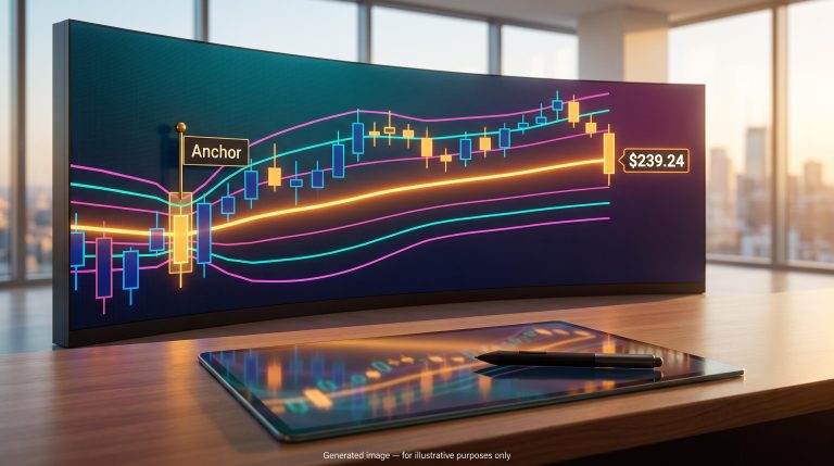 Anchored VWAP swing trading chart with deviation bands fanning from a highlighted candle beside Nvidia's $239.24 record close