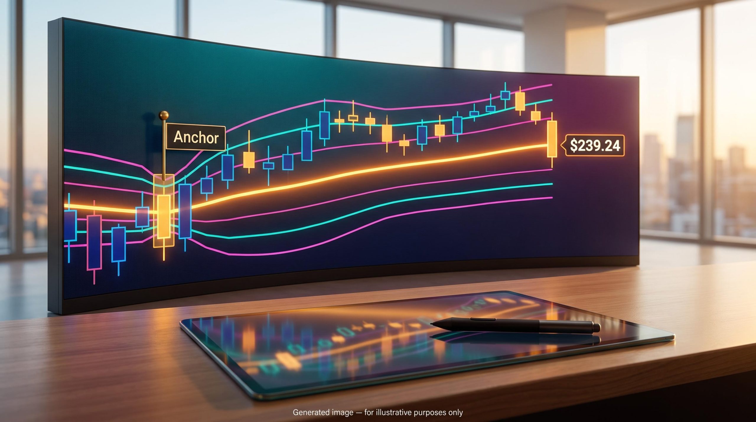 Anchored VWAP swing trading chart with deviation bands fanning from a highlighted candle beside Nvidia's $239.24 record close