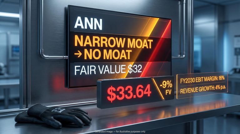 Ansell ANN moat downgrade screen showing $32 fair value and narrow-to-no moat reclassification by Morningstar