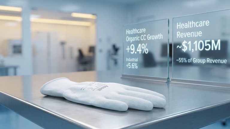 Ansell cleanroom glove with Healthcare revenue 9.4% organic growth data panels in clinical facility setting