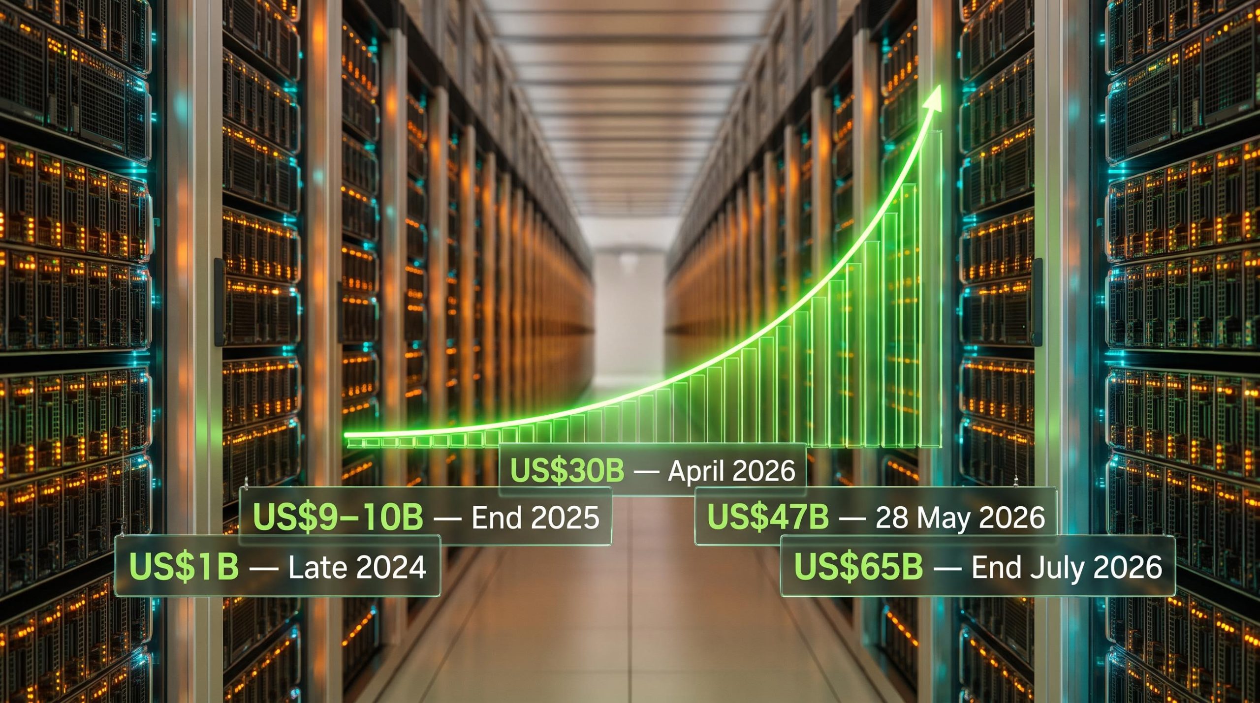 GPU server corridor with Anthropic revenue run-rate panels from US$1B to US$65B as AI infrastructure spending signal