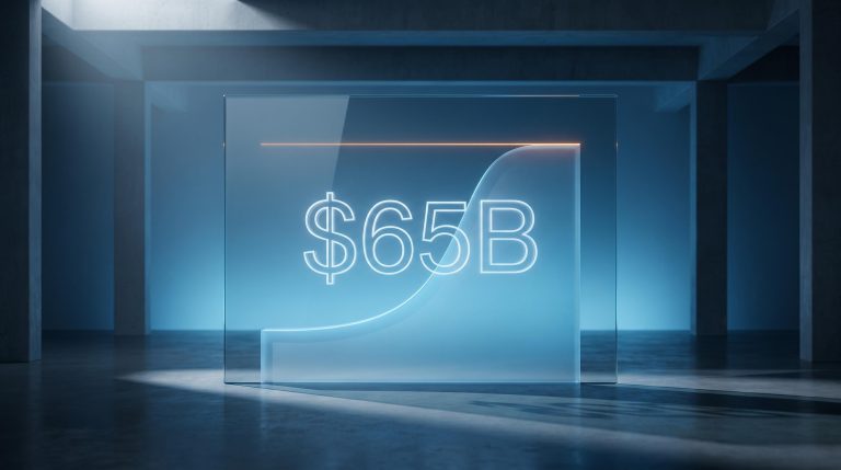 Anthropic $65B AI lab revenue run rate glowing on glass panel against blue-lit analytical environment