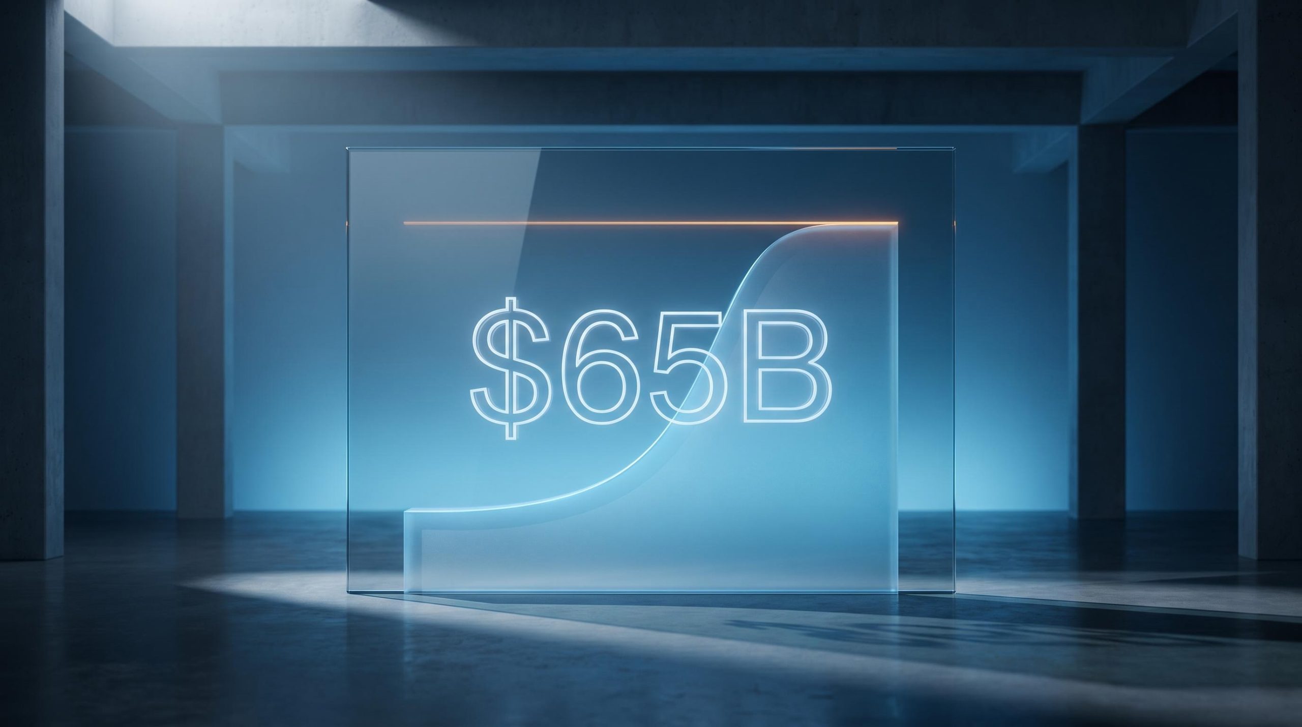 Anthropic $65B AI lab revenue run rate glowing on glass panel against blue-lit analytical environment