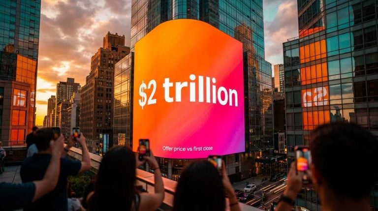 Skyscraper billboard showing $2 trillion at sunset as investors weigh the Anthropic IPO price against first-day entry