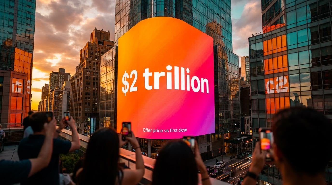 Skyscraper billboard showing $2 trillion at sunset as investors weigh the Anthropic IPO price against first-day entry
