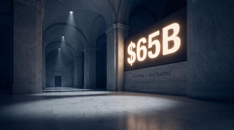 Empty exchange floor with $65B run rate display board — Anthropic IPO valuation under analytical scrutiny