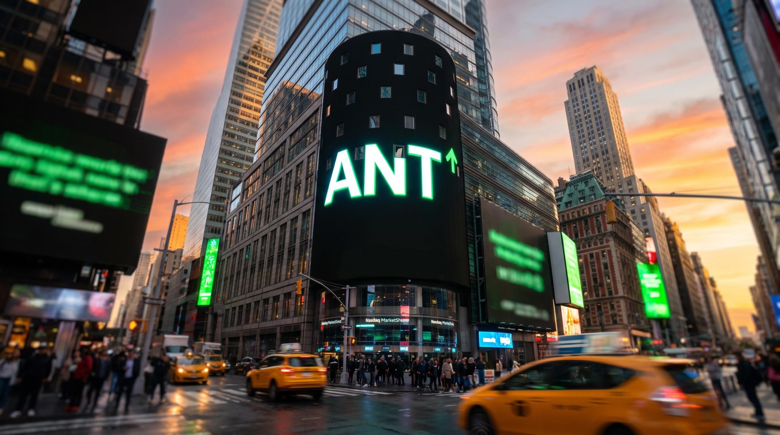 Times Square Nasdaq-style tower screen displaying ANT ticker at golden hour as the Anthropic IPO filing lifts markets