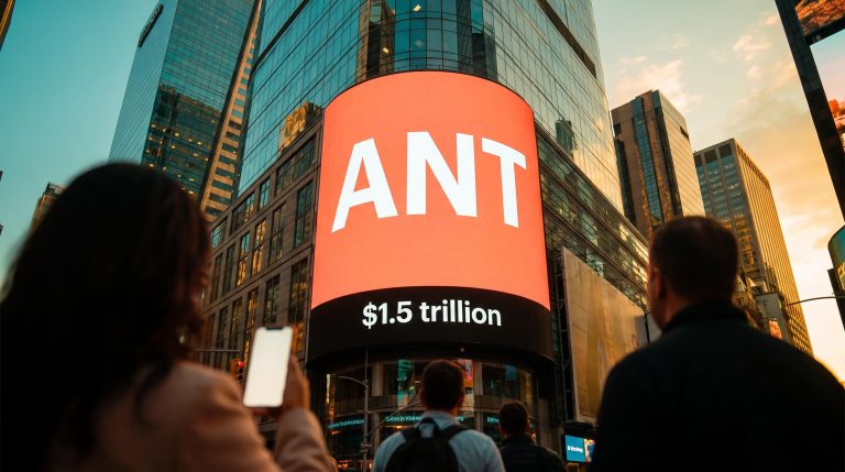 Anthropic IPO ticker ANT glowing on a giant Times Square-style screen at golden hour as onlookers watch