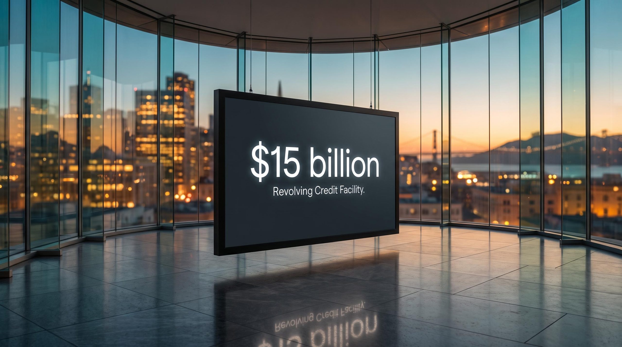 Suspended $15 billion display in a glass atrium at dusk, visualising Anthropic's IPO delay and capital strategy