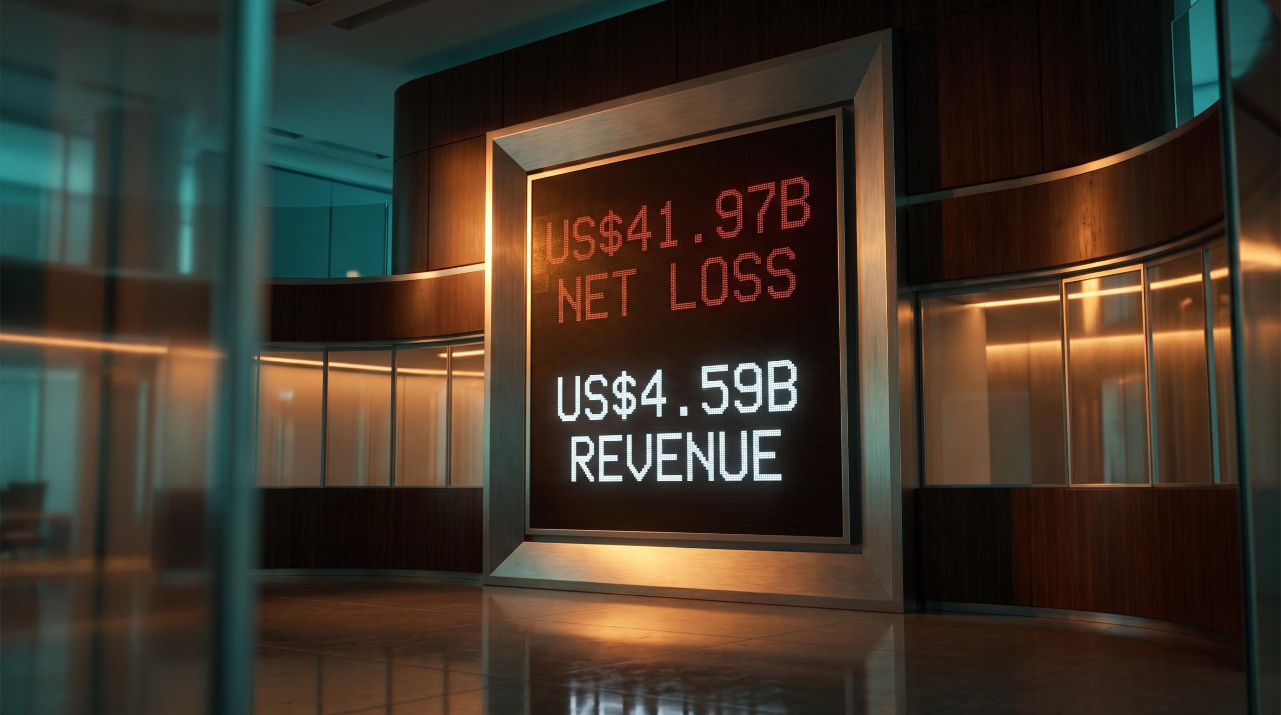 Anthropic IPO terminal screen contrasting US$41.97B GAAP loss against US$4.59B revenue in amber trading room