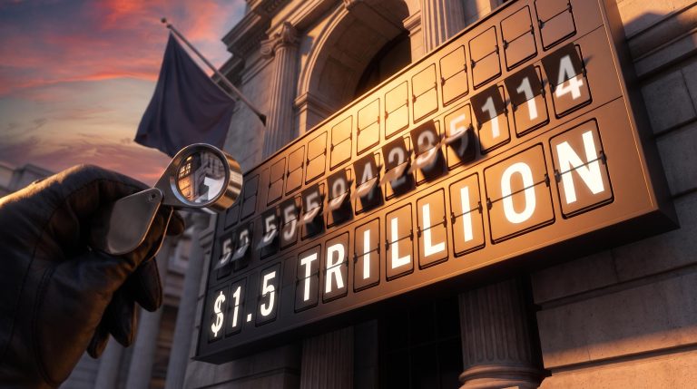 Split-flap board at a stock exchange flipping to $1.5 trillion under a loupe, illustrating the Anthropic IPO valuation reset