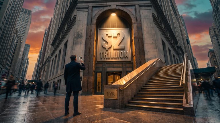 Investor inspects a $2 trillion plaque outside a stock exchange, questioning the Anthropic IPO vs S&P 500 return hurdle