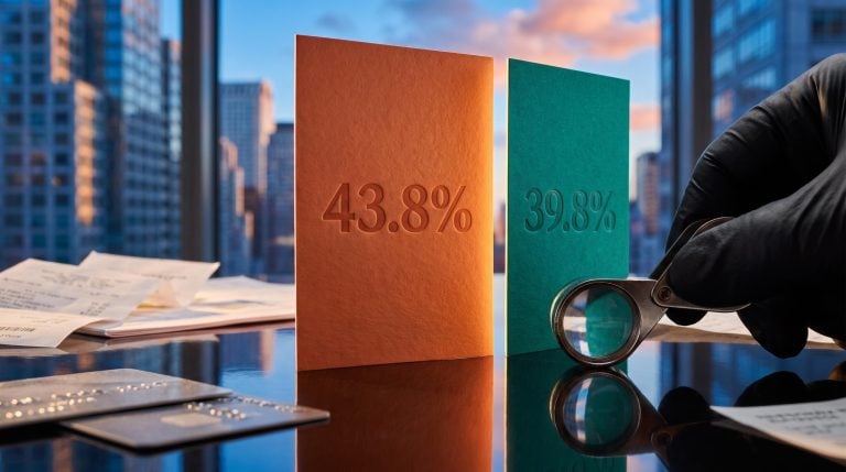 Two corporate cards showing 43.8% and 39.8% under a loupe, illustrating Anthropic vs OpenAI business adoption