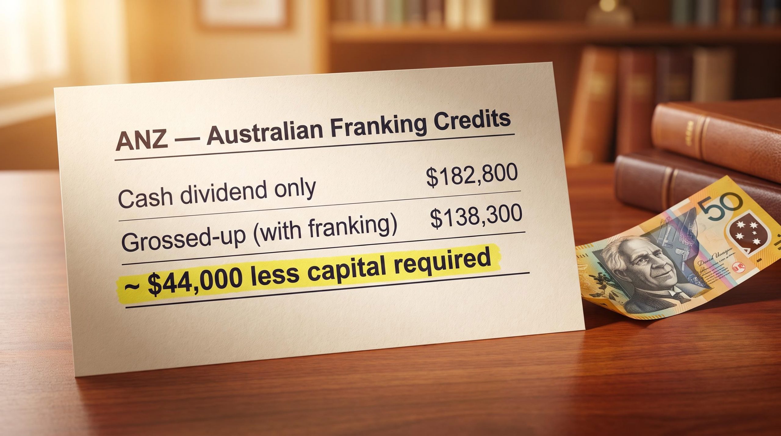 ANZ dividend ledger showing $44,000 capital gap from Australian franking credits beside a $50 note