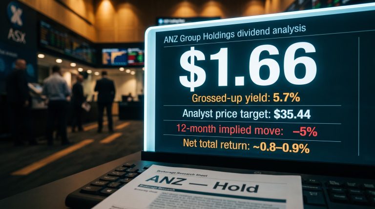 ANZ dividend yield data panel showing $1.66 annual payout and 5.7% grossed-up yield against analyst $35.44 price target