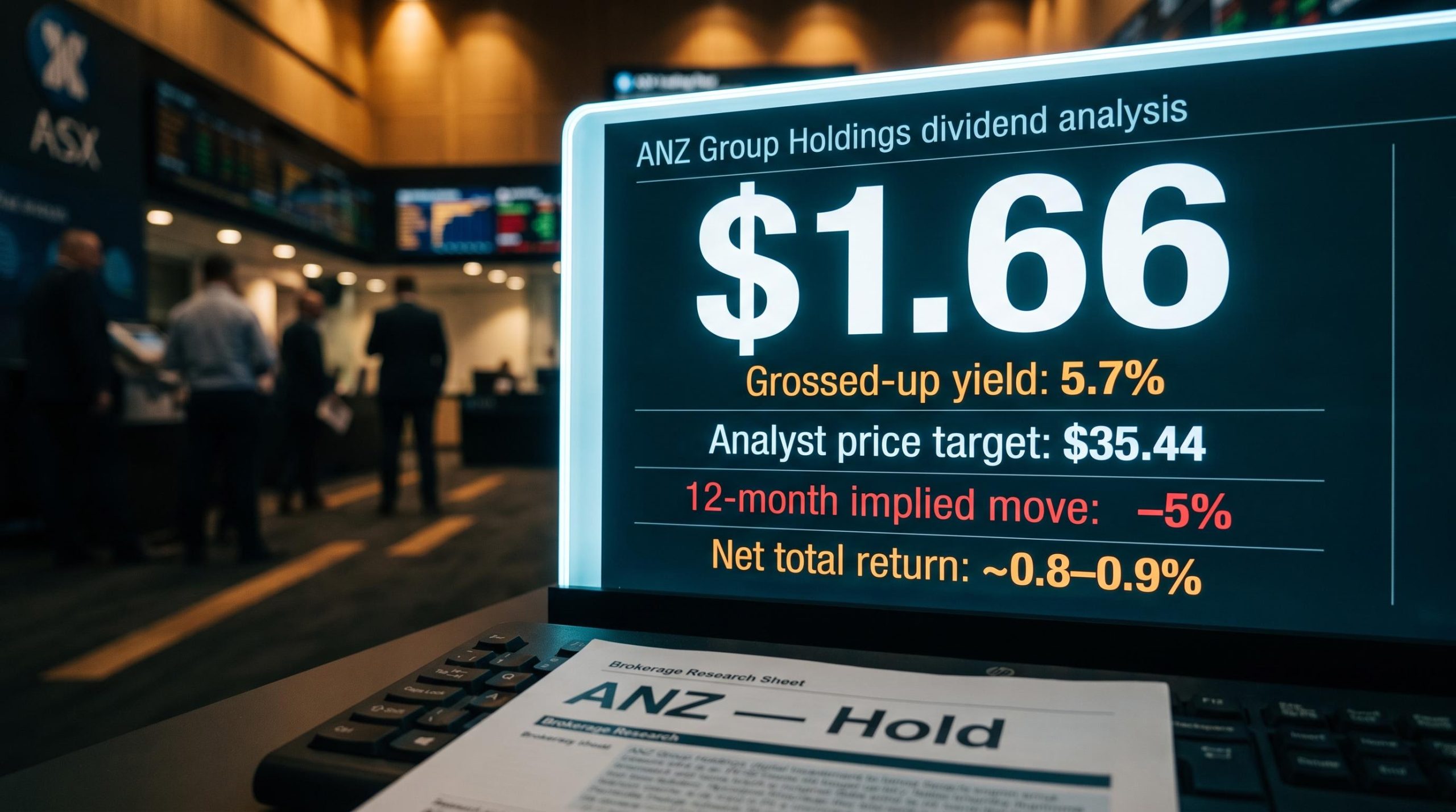 ANZ dividend yield data panel showing $1.66 annual payout and 5.7% grossed-up yield against analyst $35.44 price target