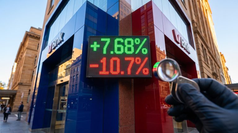 ANZ vs Westpac shares: share-price board showing +7.68% and -10.7% between two contrasting bank branch facades