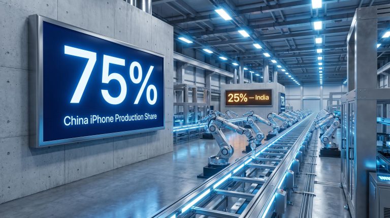 iPhone assembly line with 75% China production share panel highlighting Apple's geographic supply-side risk vs India's 25%