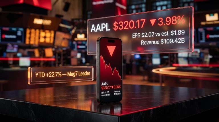 AAPL drops 3.98% after-hours despite $2.02 EPS beat, with Apple stock data panels on a trading desk