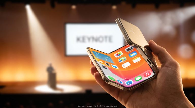 Apple iPhone Duo foldable open in hand showing 7.6-inch display at $1,999, Ternus keynote stage behind