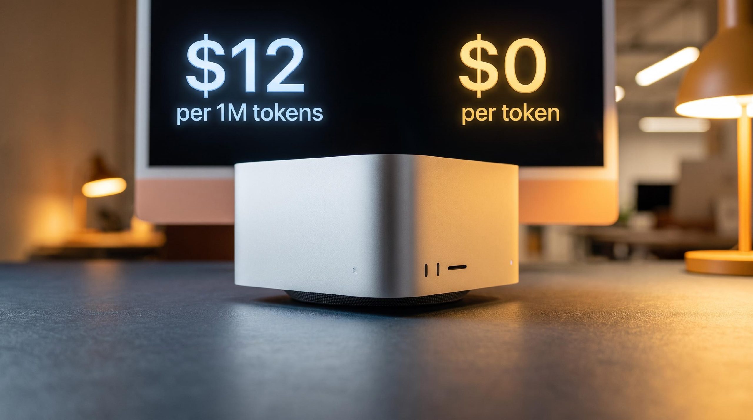 Mac Studio M5 Ultra on dark slate surface with cloud vs on-premise AI token cost comparison on screen behind it