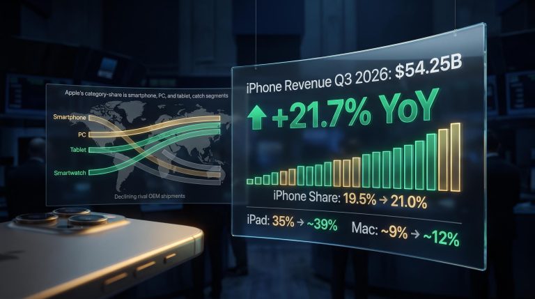 Apple market share forecast data panels showing iPhone revenue $54.25B and multi-category share gains across smartphone, Mac, and iPad