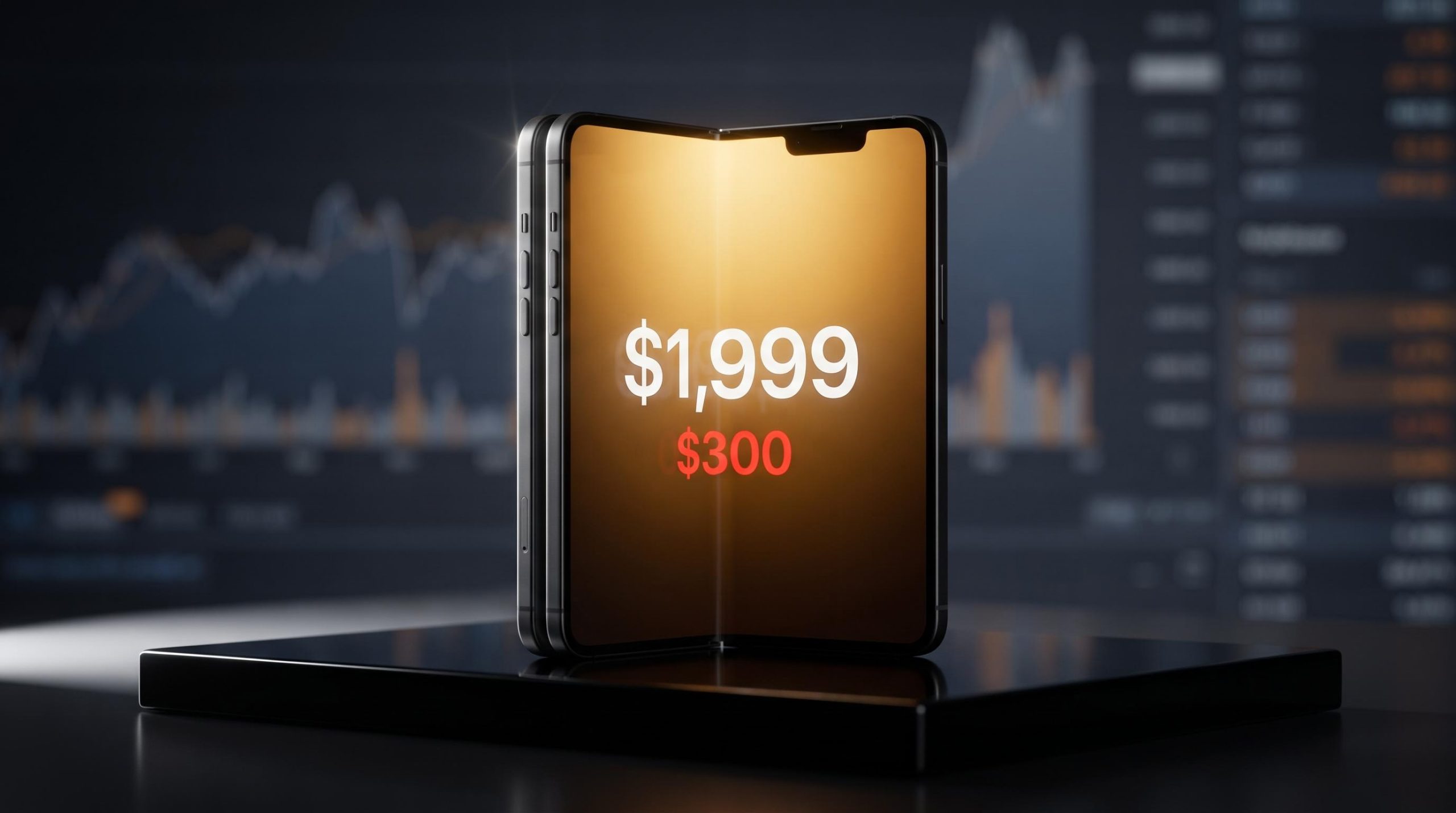 iPhone Duo foldable displaying $1,999 and bear-case $300 target in sharp contrast — Apple stock analysis