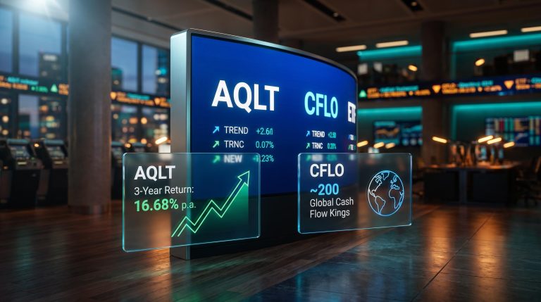 AQLT and CFLO ETF data panels showing 16.68% 3-year return — ASX quality ETFs analysis for FY2027