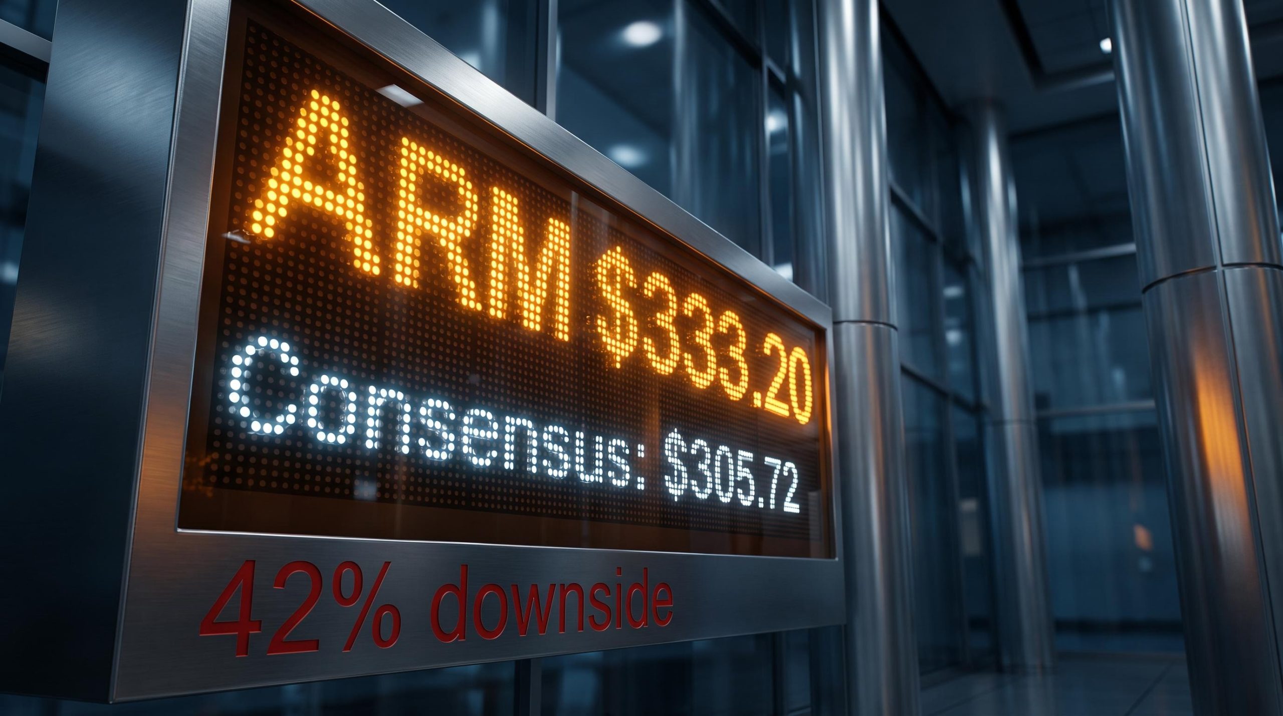 ARM stock ticker at $333.20 set against a $305.72 consensus target, highlighting a 42% downside valuation gap