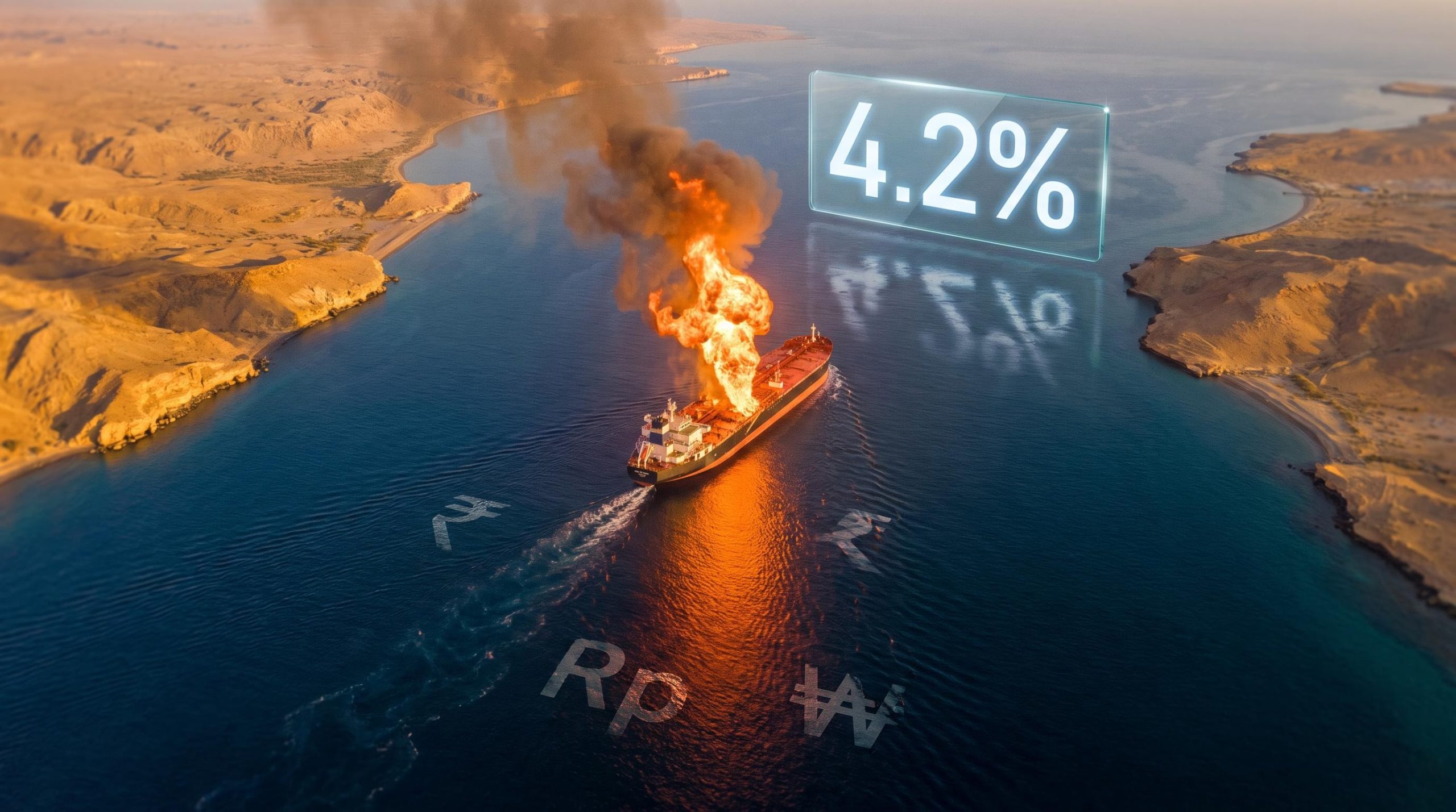 Aerial view of Strait of Hormuz with burning tanker and Fed rate 4.2% signal — Asian currencies under pressure