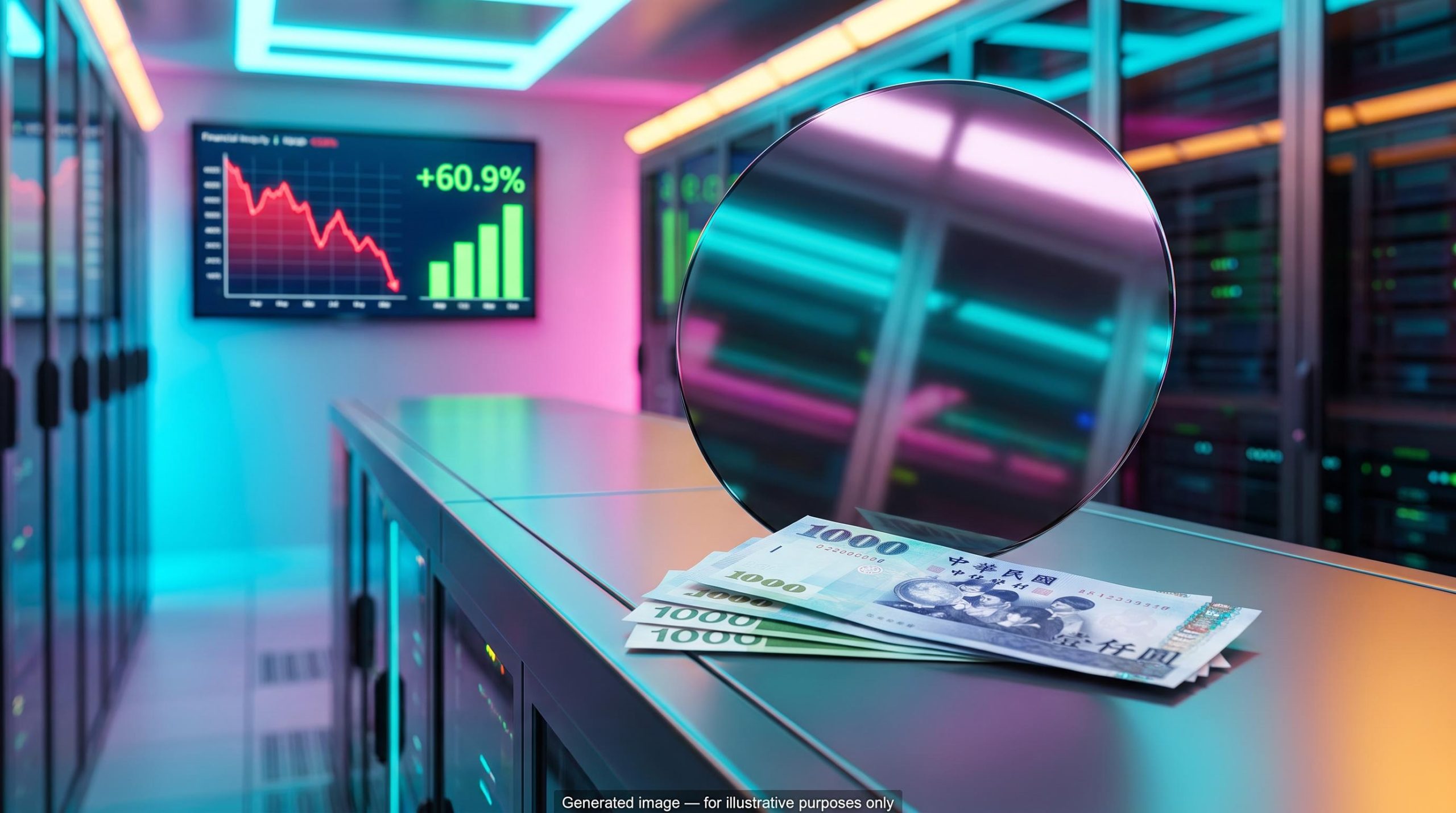 Won and Taiwan dollar notes on a server rack with wafer and +60.9% export screen, Asian currencies outlook amid tech selloff