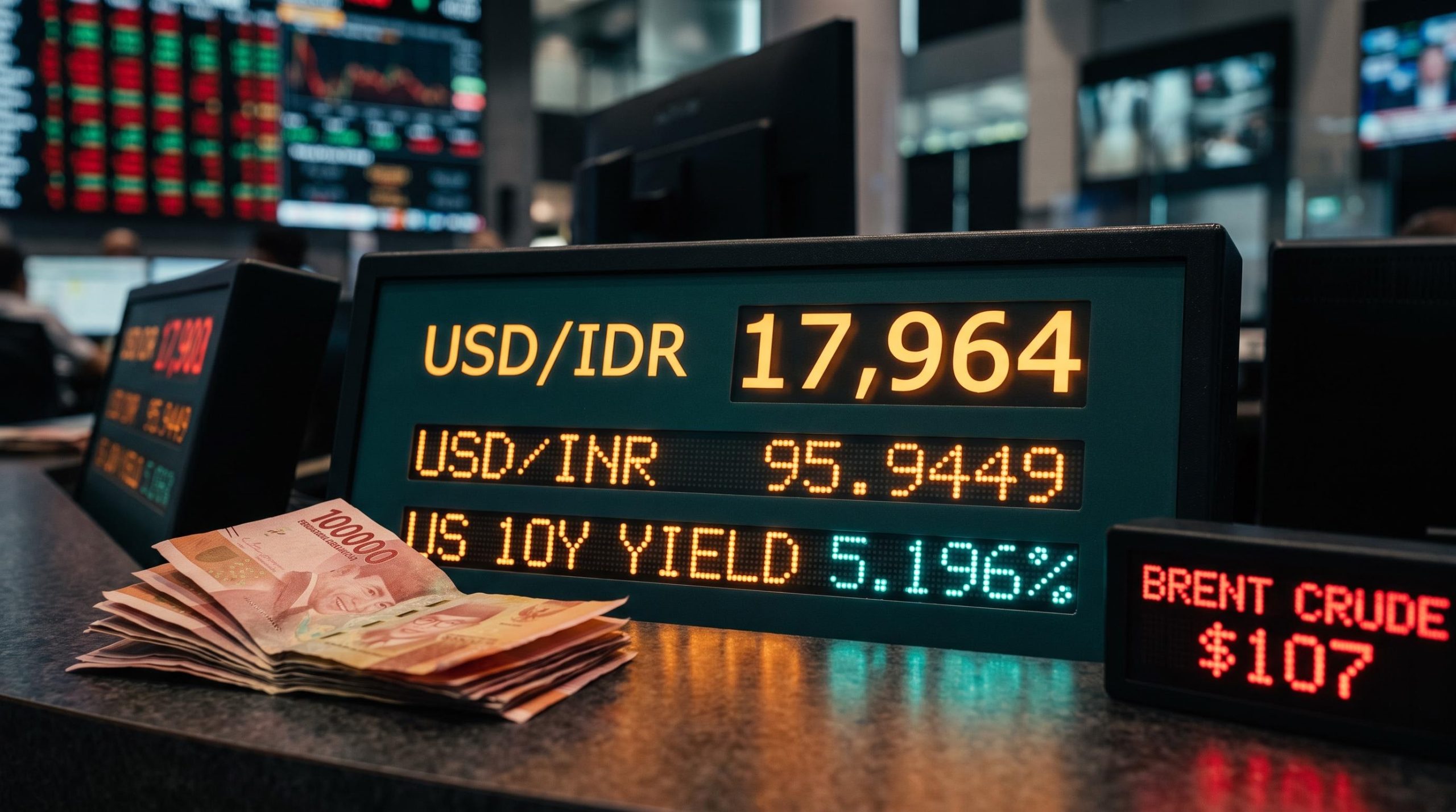 USD/IDR at 17,964 on a dealing room screen as Asian currencies face triple pressure from yields, oil and thin liquidity