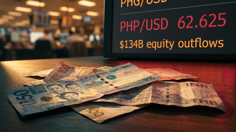 Philippine peso and Asian banknotes under trading screen showing PHP/USD record low amid Asian currency vulnerabilities
