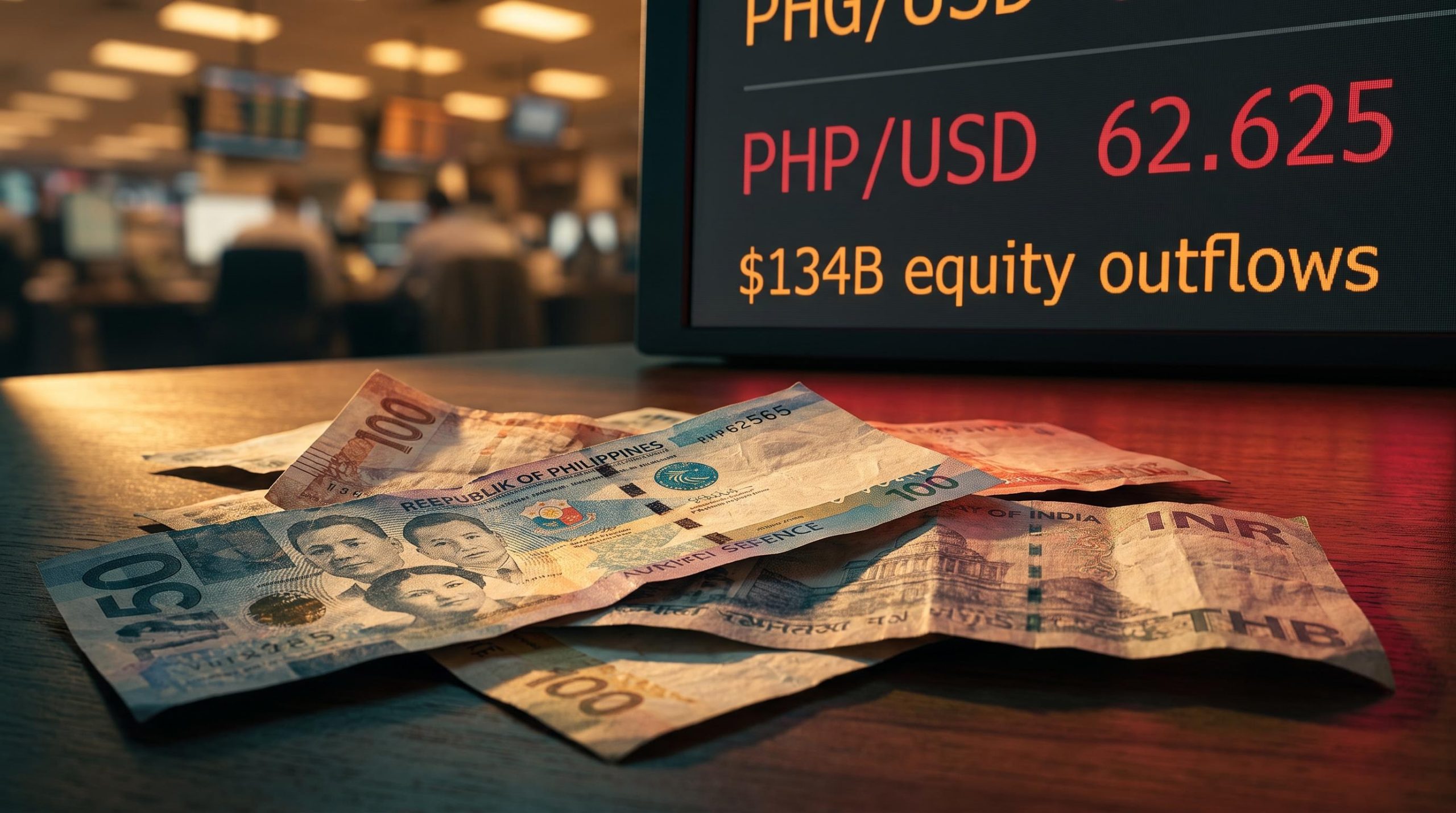 Philippine peso and Asian banknotes under trading screen showing PHP/USD record low amid Asian currency vulnerabilities
