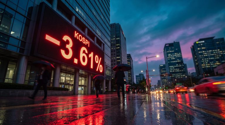 Seoul skyline stock board showing KOSPI down 3.61% as Asian stocks slide ahead of US tech earnings