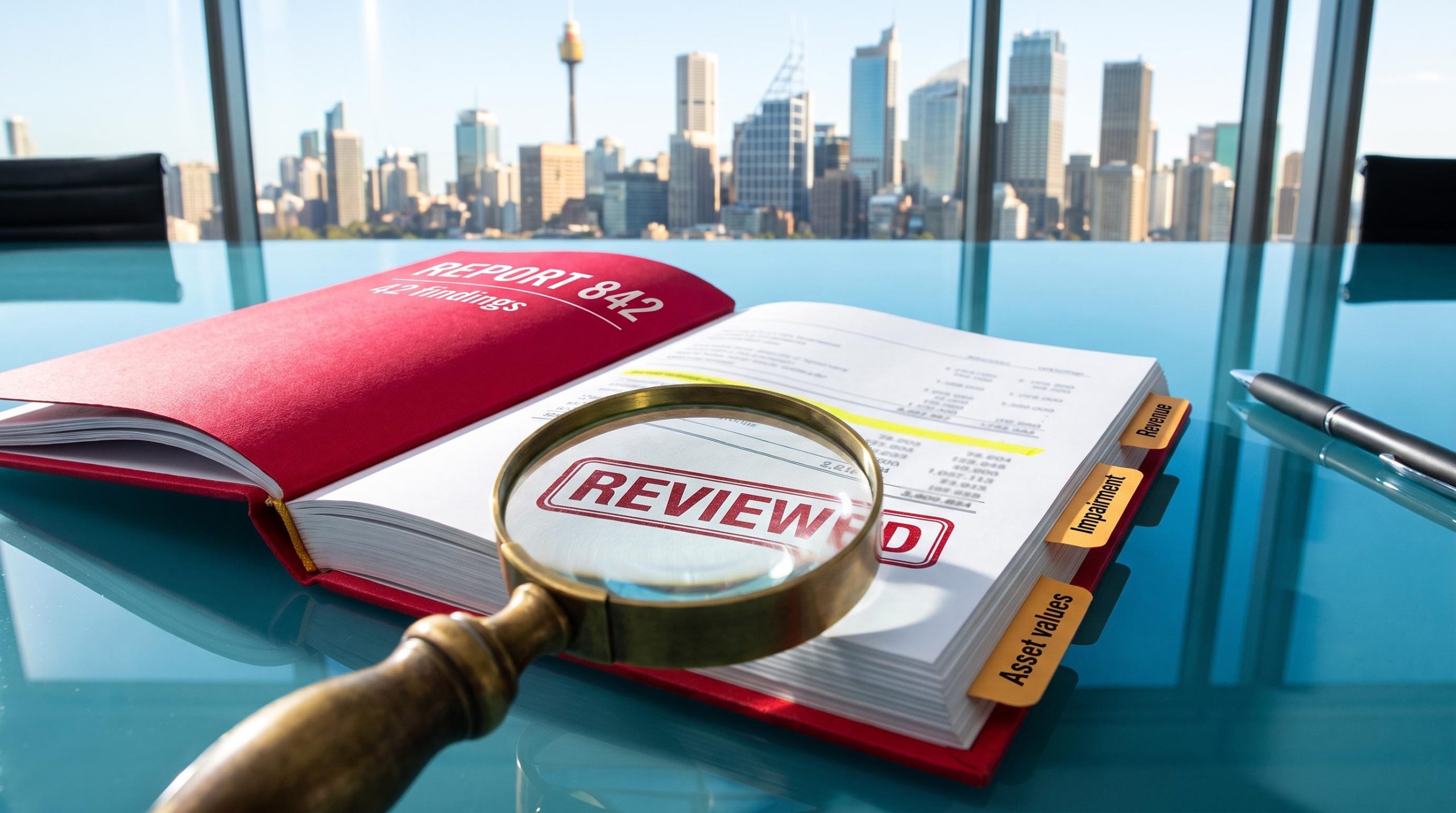 ASIC audit surveillance Report 842 open on a glass table under a magnifying glass, highlighting 42 auditor findings