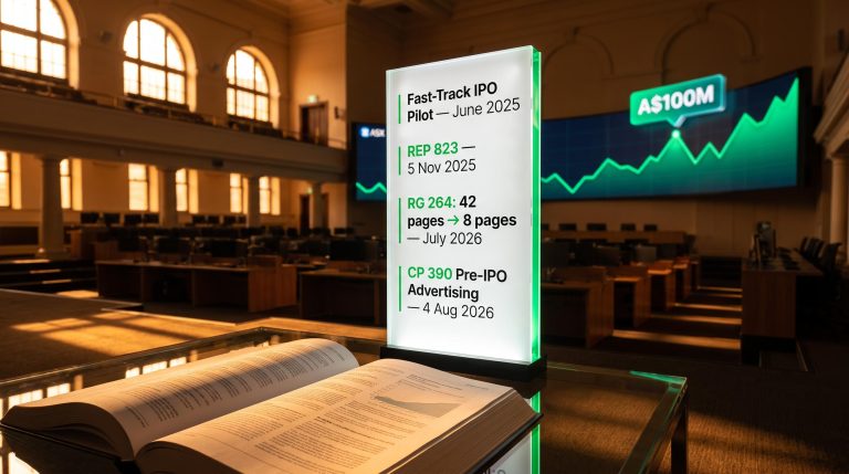 ASX trading floor with ASIC capital markets reform timeline panel showing IPO pilot, REP 823, and CP 390 milestones