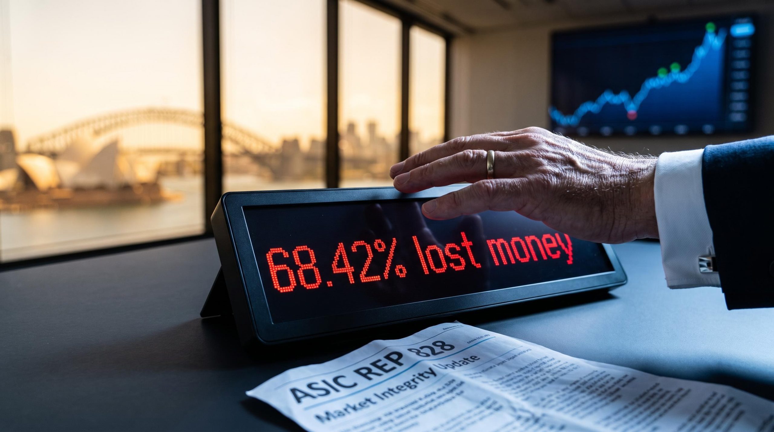ASIC REP 828 data showing 68.42% of Australian CFD retail clients lost money amid active trading losses