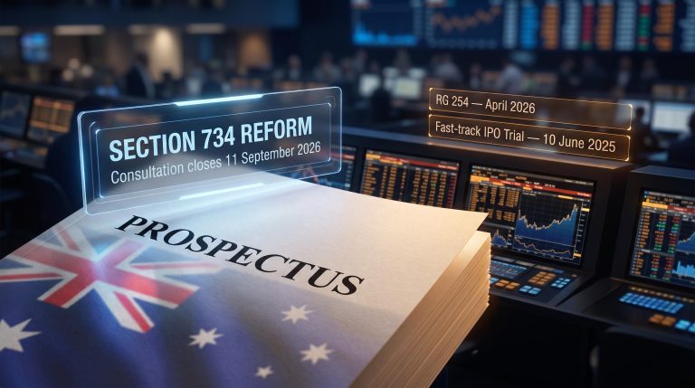 ASIC IPO reform prospectus document with Section 734 consultation panel and ASX trading environment
