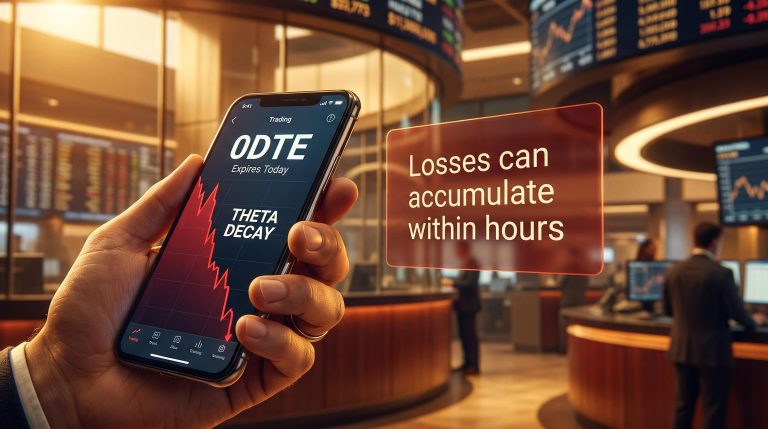 Smartphone showing 0DTE options decay curve with ASIC Moneysmart warning — trading complex products risks
