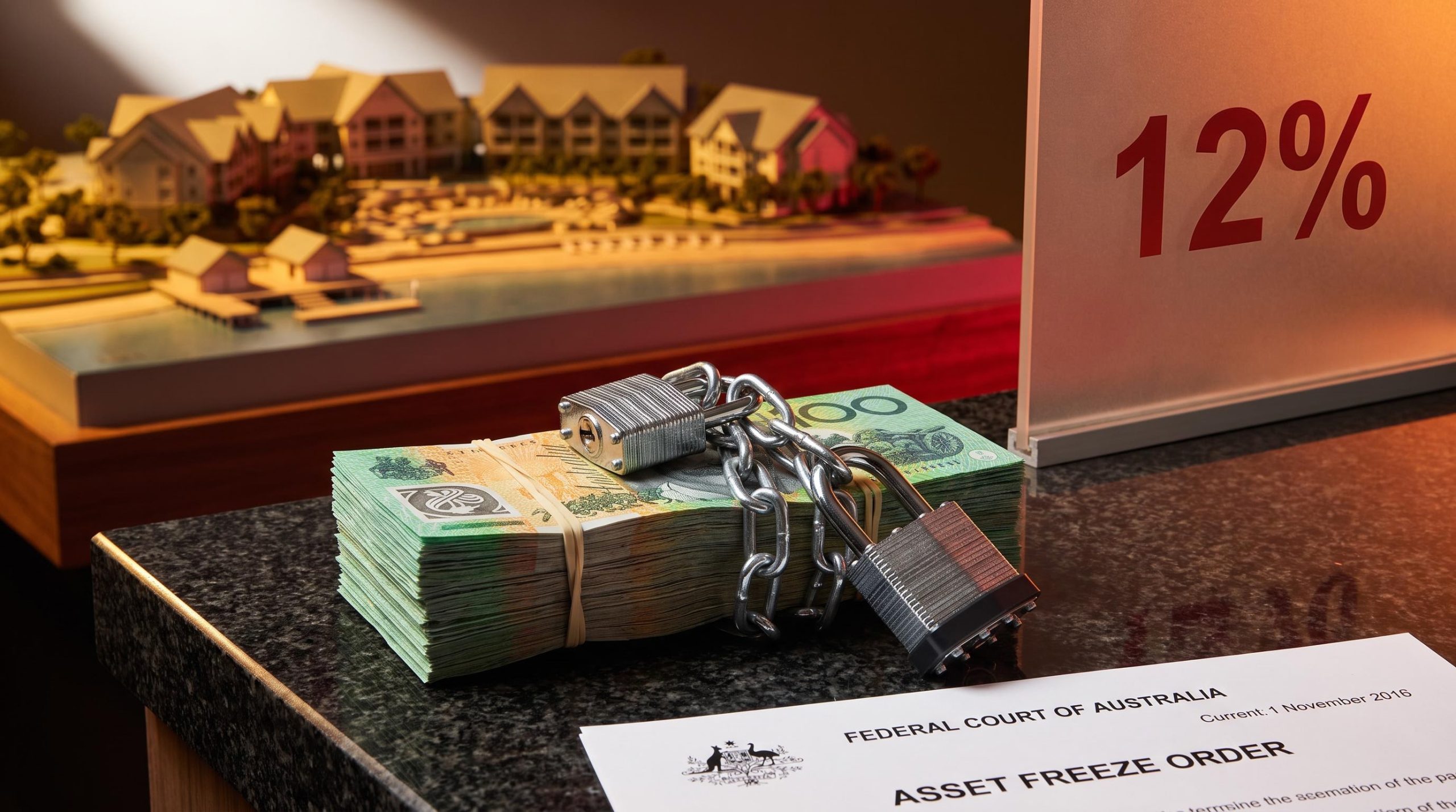 Padlocked Australian banknotes before a resort model as ASIC freezes Star Investment Group assets over 12% return scheme