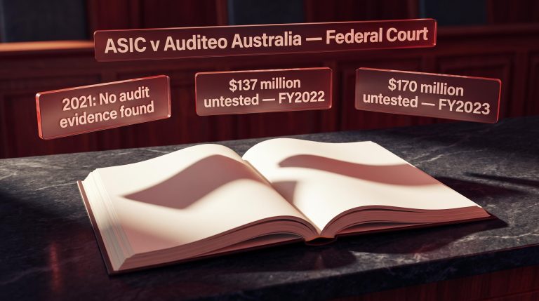 Blank First Guardian audit report on stone surface with ASIC Federal Court data panels showing $137M and $170M untested assets