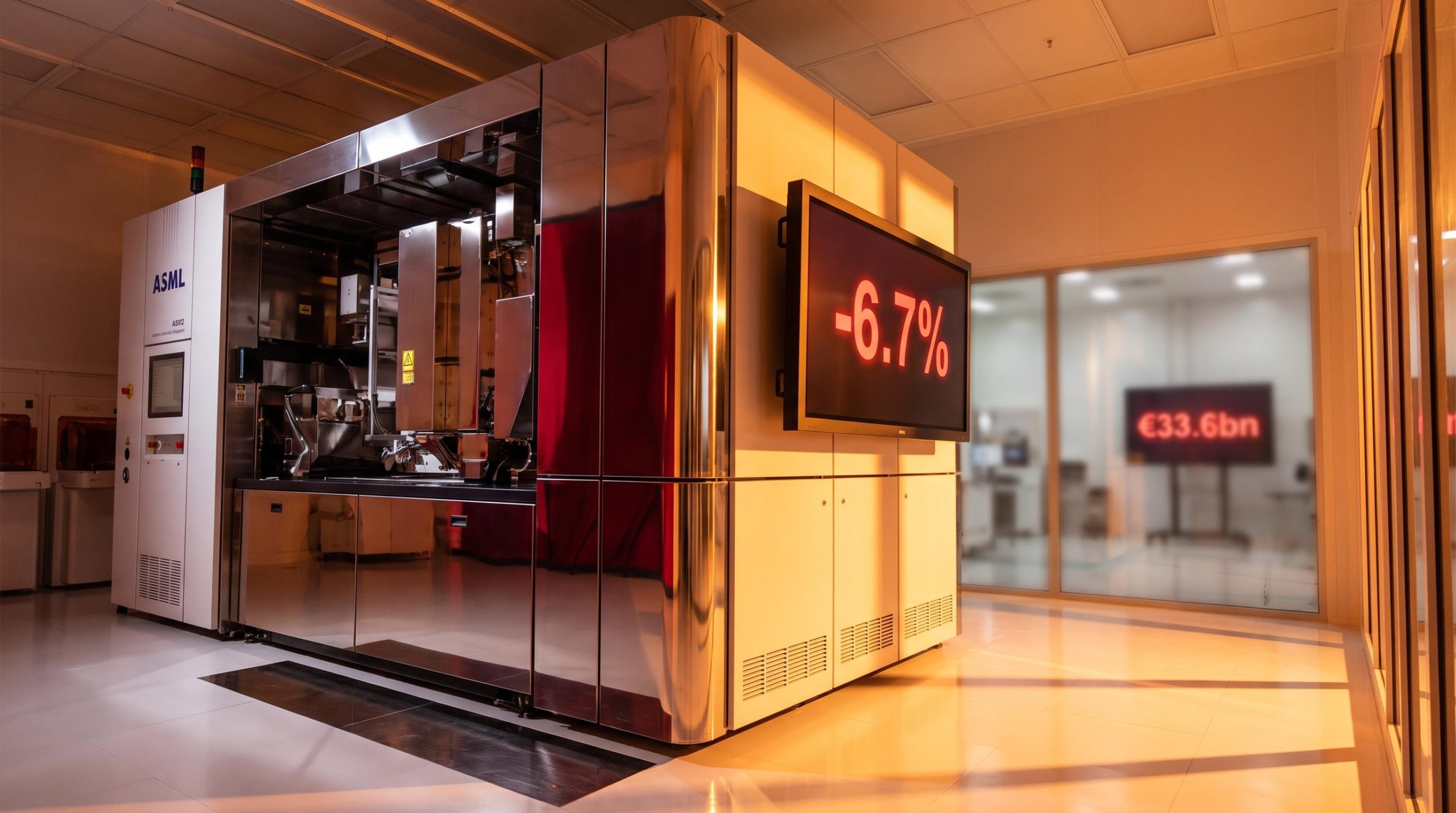 ASML lithography machine in a cleanroom with a -6.7% screen, reflecting AI regulation market impact selloff