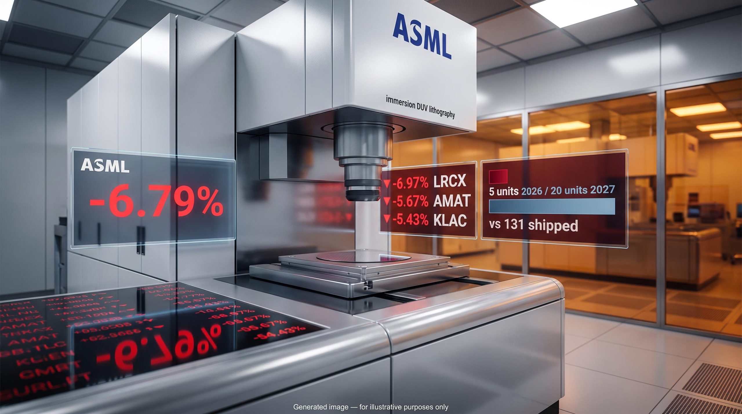 ASML DUV lithography machine with -6.79% drop and China 5-unit vs 131-unit volume comparison panels