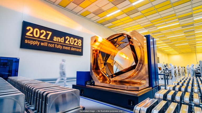 EUV lithography machine in a bright cleanroom as ASML Q3 results warn 2027 and 2028 supply will fall short of demand